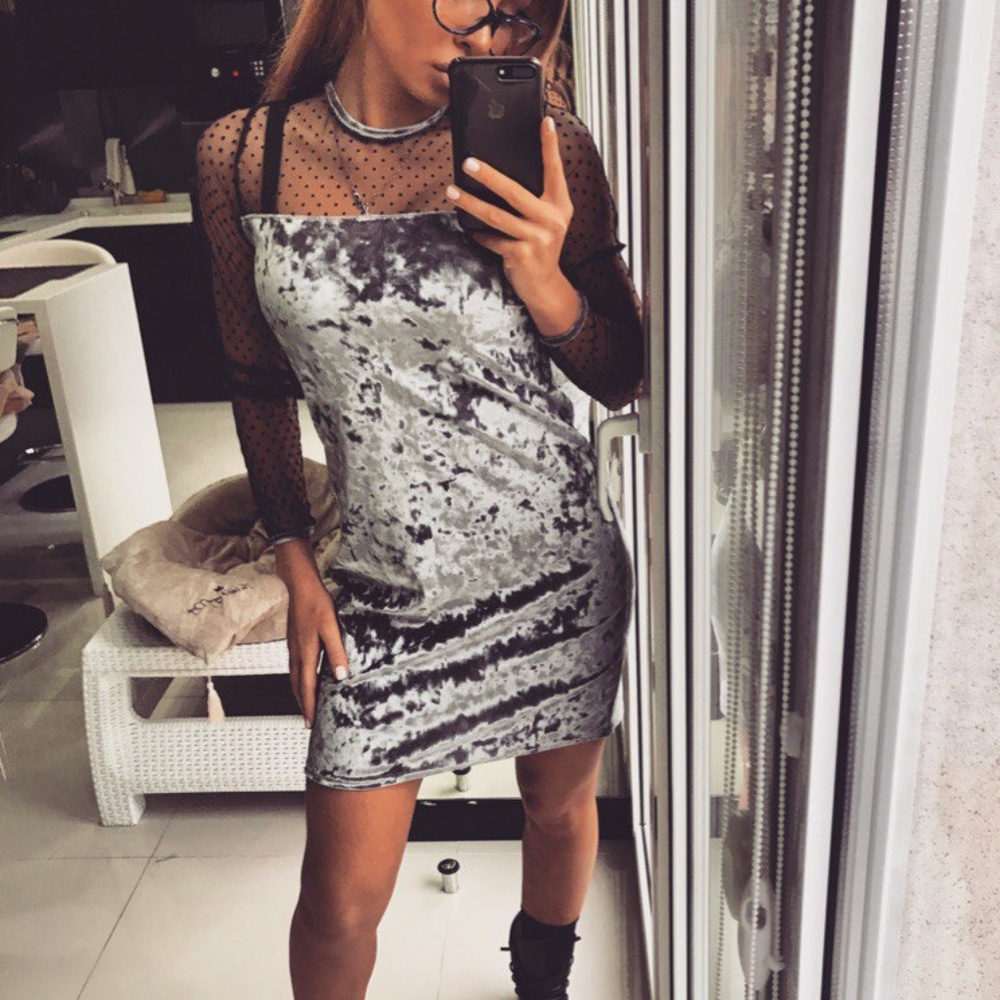Silver black polka dot velvet mini dress